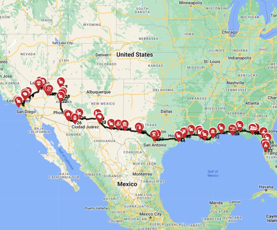 West to East coast-to-coast motorhome trip route from Los Angeles to Tampa